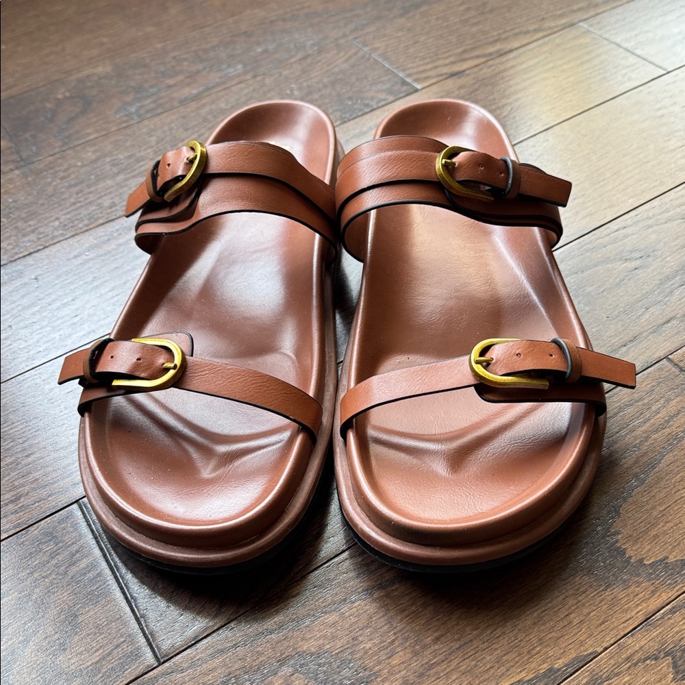 Women's Jason Wu Rhonda Double Gold Buckle Slide Sandals Brown - Picture 3 of 4